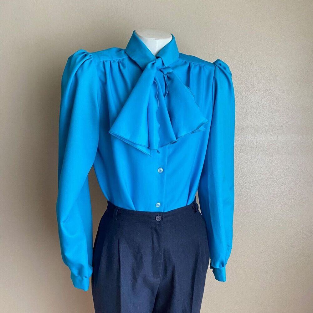 Vintage Loter Irving Texas Large Blue Blouse Button Down Neck Tie with Ruffles